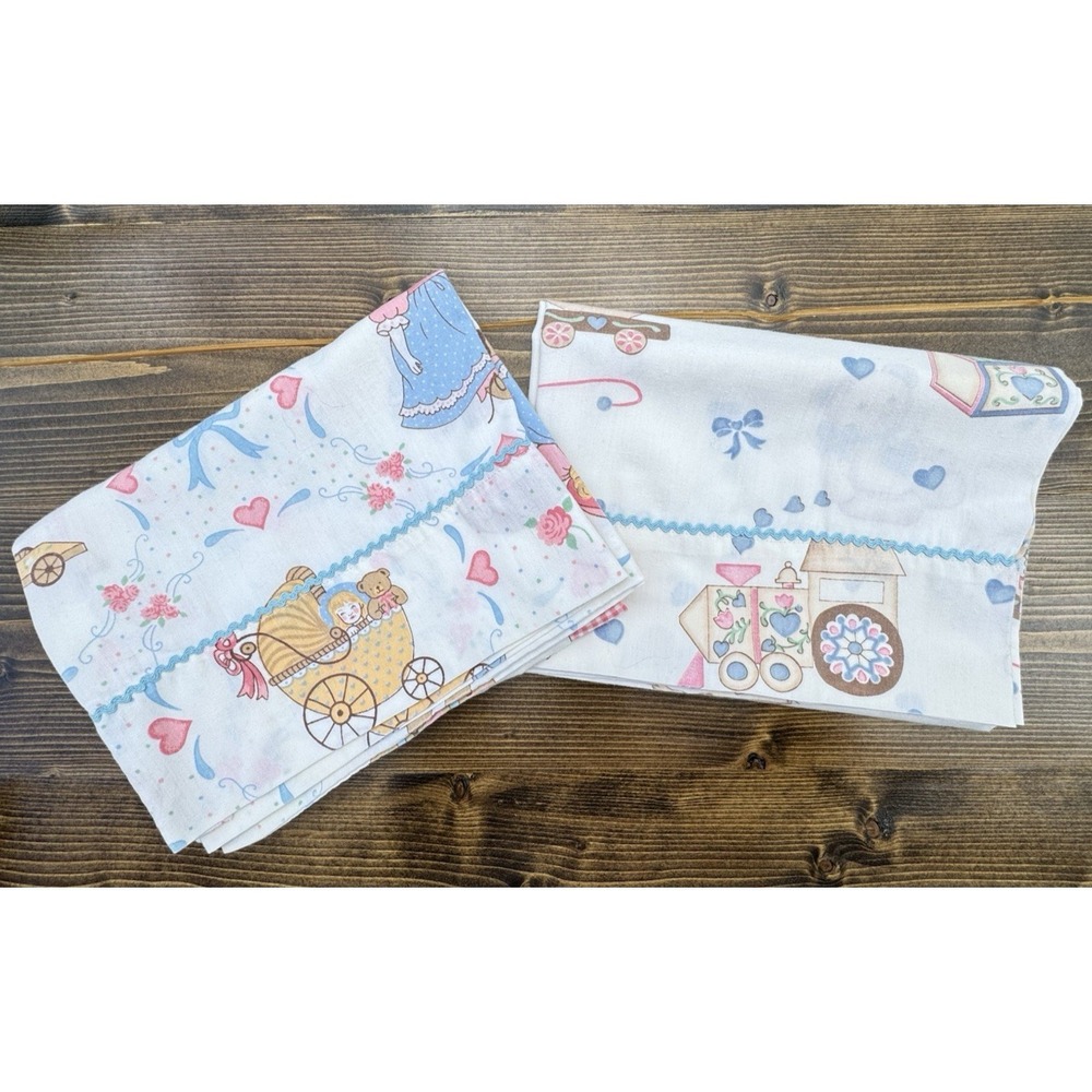 Vintage Handmade Pillowcases Pair Nursery Teddy Bear Doll Kids Pastel Retro